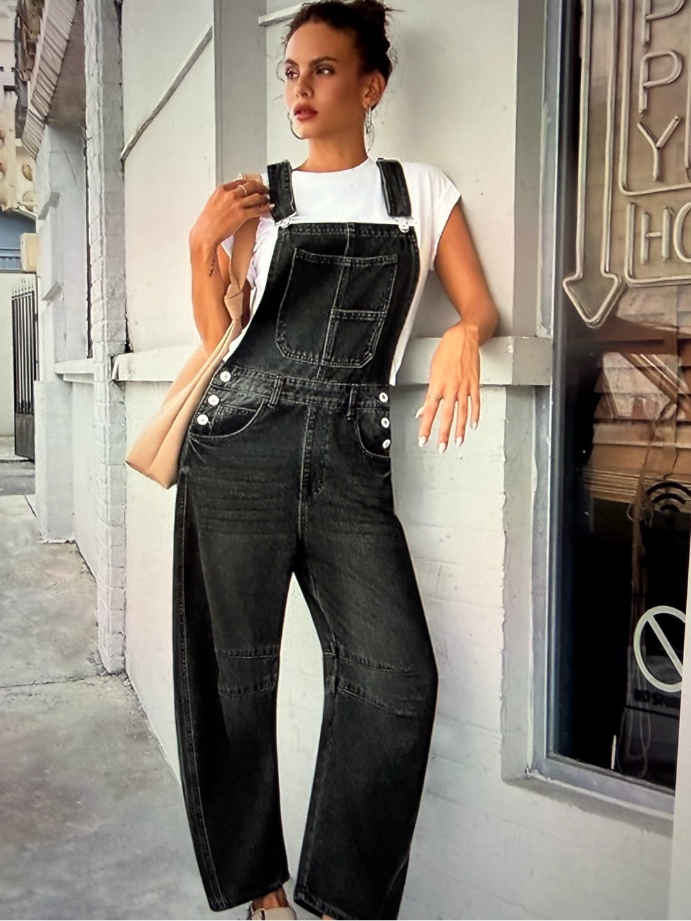 Black Denim Wide Leg Barrel Overalls - NWOT - L